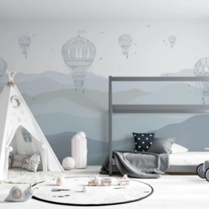 Misty Heights wallpaper mural with sketched hot air balloons over blue-grey mountains