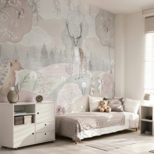 Misty Meadow pastel woodland wallpaper mural with stags, bunnies and foxes among misty trees