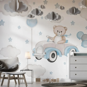 Motor Bear wallpaper mural with a teddy bear driving a vintage car among clouds and balloons