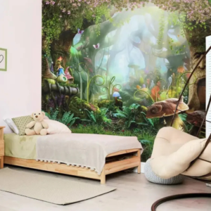 Mystic Glade enchanted forest wallpaper mural with mushroom houses and glowing sunlight
