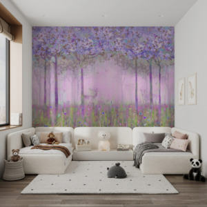 Mystical Woodland purple deer forest wallpaper mural with deer in a misty purple forest