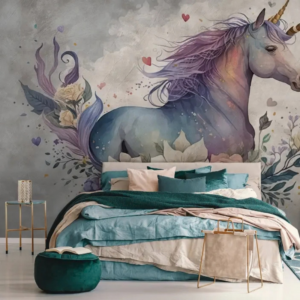 Mystique purple unicorn wallpaper mural with a violet mane and flowers on textured grey