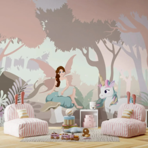 Mythic fairy and unicorn wallpaper mural with a fairy on a mushroom beside a unicorn