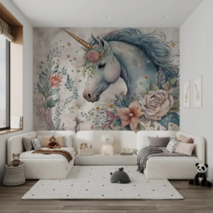 Mythica floral unicorn wallpaper mural with a watercolor unicorn and pink roses on grey