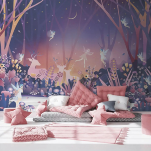 Nightfall purple fairy forest wallpaper mural with fairies, moons and deer silhouettes