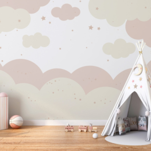 Nimbus pink cloud nursery wallpaper mural with pink and cream clouds and tiny stars