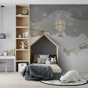Nocturne biplane nursery wallpaper mural with vintage biplanes, balloons and a moon on grey