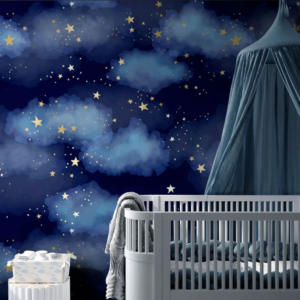 Nocturne night sky wallpaper mural with indigo and violet clouds and golden stars