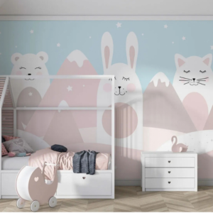 Nordic sleeping animals wallpaper mural with bears, bunnies and cats among pink mountains