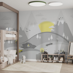 Nordic Valley school bus wallpaper mural with yellow buses on winding mountain roads