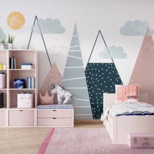 Nordic Zenith mountain wallpaper mural with geometric peaks in pink, slate grey and navy