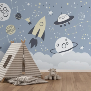 Nova chalk doodle space wallpaper with rockets, flying saucers and planets on sky blue