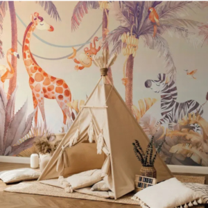 Oasis Safari tropical safari wallpaper mural with giraffe, zebra, monkey and flamingos under palms