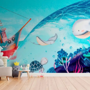 Oceanic turquoise ocean wallpaper mural with a whale, sea turtle, stingray and fishing boat
