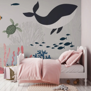 Oceanic whale and sea turtle wallpaper mural with a dark whale, turtles and coral