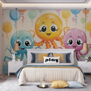 Octo Fiesta watercolor octopus wallpaper mural with octopuses and balloons in yellow, teal and pink
