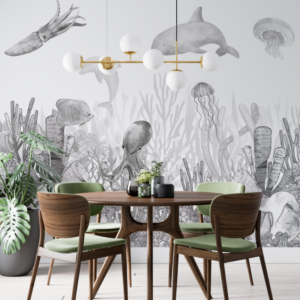 Oceanic Monochrome grey ocean wallpaper mural with squids, octopuses, dolphins and coral