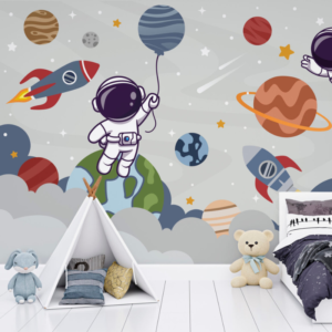 Orbit Odyssey astronaut wallpaper mural with astronauts, rockets and planets on slate grey