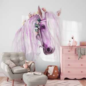 Orchid Equine white horse wallpaper mural with a floral crown in orchid purple and blush pink