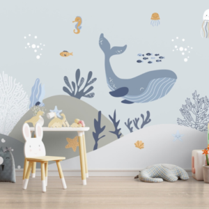 Pacific Haven whale wallpaper mural with a blue whale, corals, octopuses and seahorses