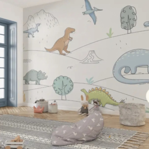 Paleo line art dinosaur wallpaper mural with pastel dinosaurs on an off-white background