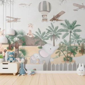 Palms jungle safari wallpaper mural with elephants, pandas and giraffes among palm trees