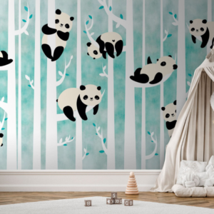 Panda Grove panda wallpaper mural with pandas climbing teal watercolor birch trees