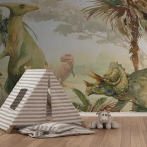 Pangea watercolor dinosaur wallpaper mural with friendly dinosaurs and palm foliage