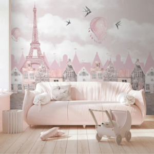 Parisian Paris wallpaper mural with the Eiffel Tower, townhouses and balloons under pink skies
