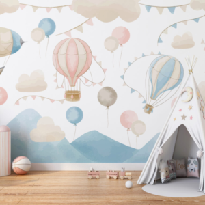 Pastel Airships wallpaper mural with vintage airships, hot air balloons and bunting over hills