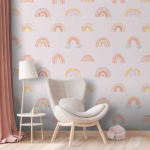 Pastel Arch rainbow pattern wallpaper with repeating pastel watercolor rainbows and hearts