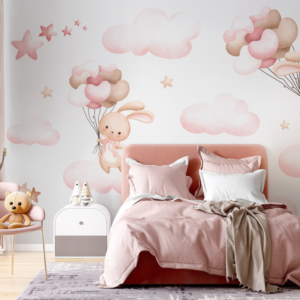 Pastel Bunny wallpaper mural with a bunny floating on heart balloons among pink clouds