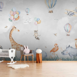 Pastel Horizon storybook nursery wallpaper mural with animals, balloons and vintage airplanes