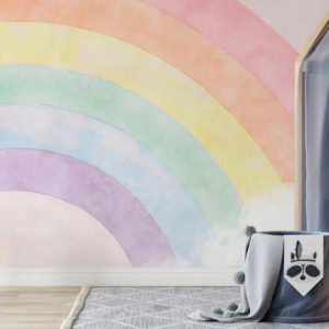 Pastel Spectrum pastel rainbow wallpaper mural with a sweeping watercolor rainbow