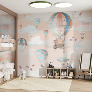 Pastel Voyage hot air balloon wallpaper mural with animals in balloons among blush and blue clouds