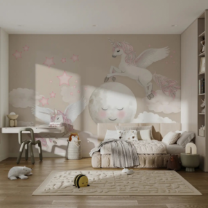 Pegasus winged unicorn wallpaper mural with unicorns around a smiling moon and pink stars