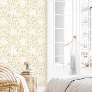 Petalvine #1 yellow floral wallpaper with yellow blossom clusters on a white background