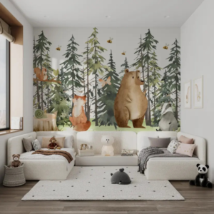 Pine Canopy woodland animal wallpaper mural with pine trees, bears, foxes and squirrels