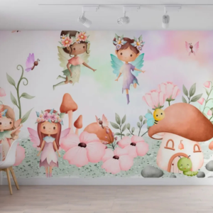 Pixie Glen fairy garden wallpaper mural with fairies, mushroom houses and pink blossoms