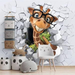 Playful Peaks 3D giraffe wallpaper mural with a giraffe in glasses breaking through a stone wall
