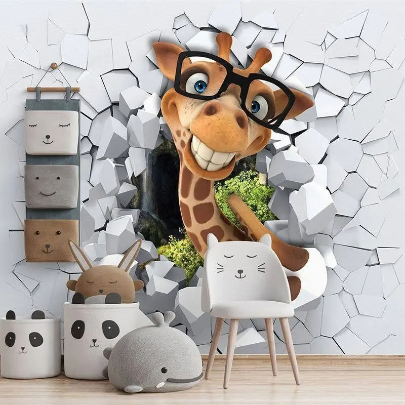 Playful Peaks 3D giraffe wallpaper mural with a giraffe in glasses breaking through a stone wall