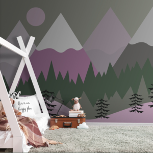 Plum Summit geometric mountain wallpaper mural with plum peaks and green pine forests