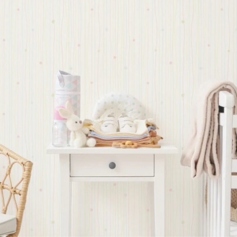 Popping cream textured kids wallpaper with fine vertical texture and small scattered dots