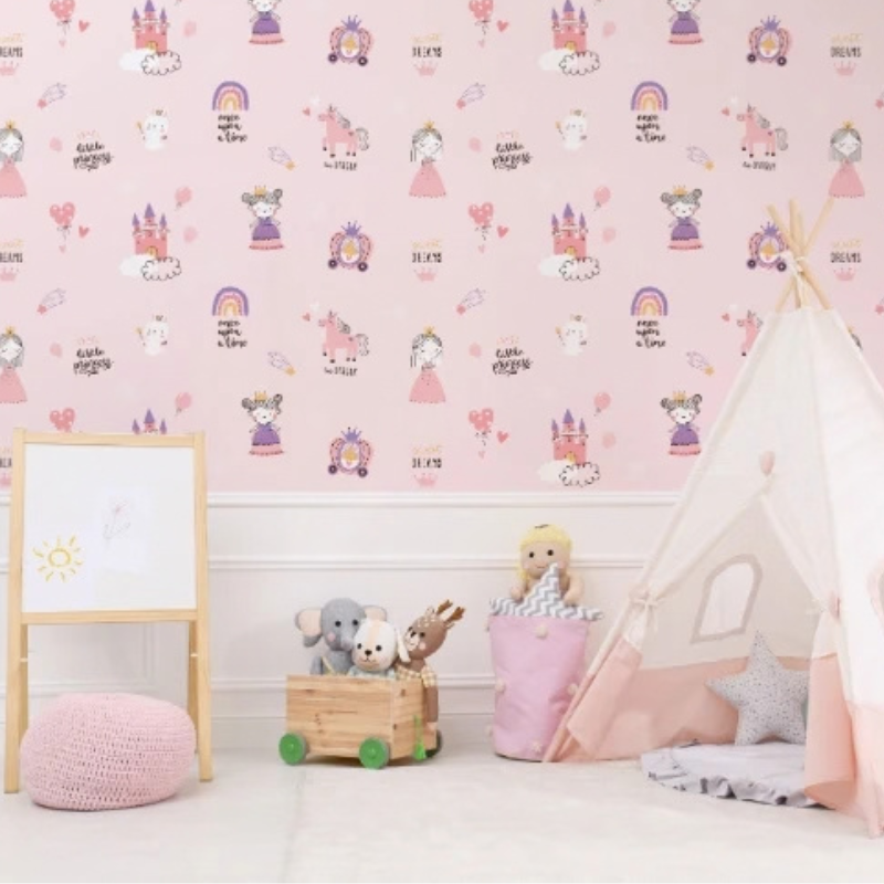 Pretty Girl #1 pink princess wallpaper with girls, castles and unicorns on a pink background