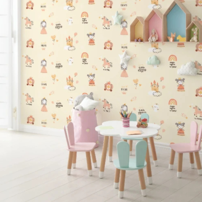 Pretty Girl #2 princess pattern wallpaper with girls, castles and unicorns on cream