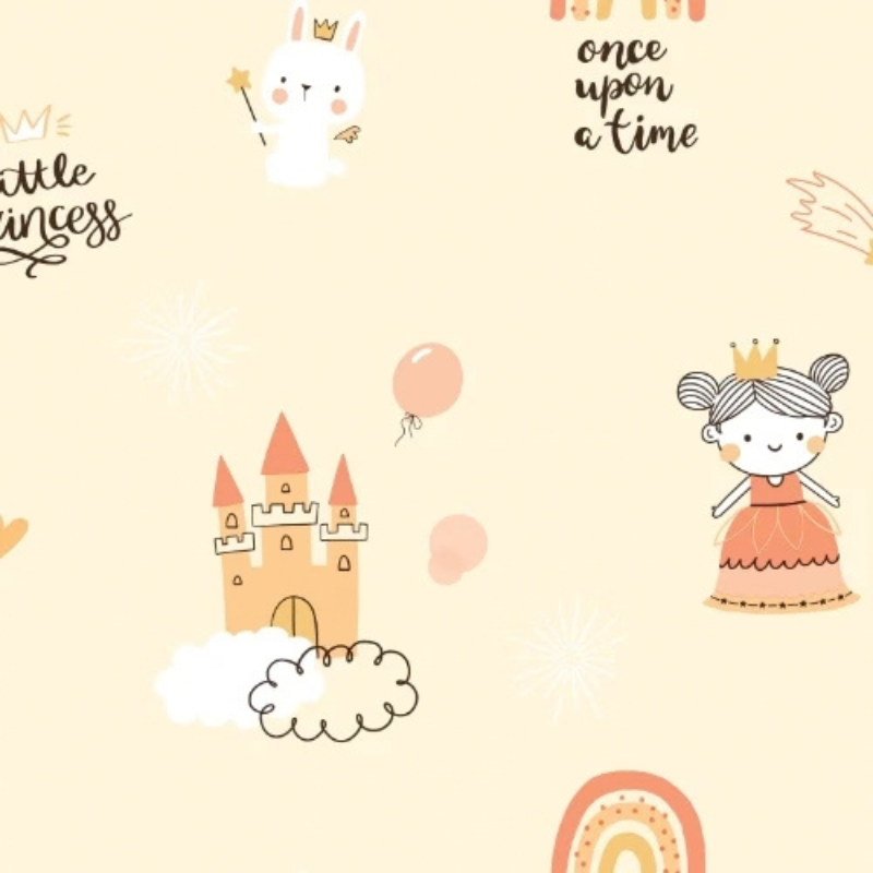 Pretty Girl #2 princess pattern wallpaper with girls, castles and unicorns on cream – view 2