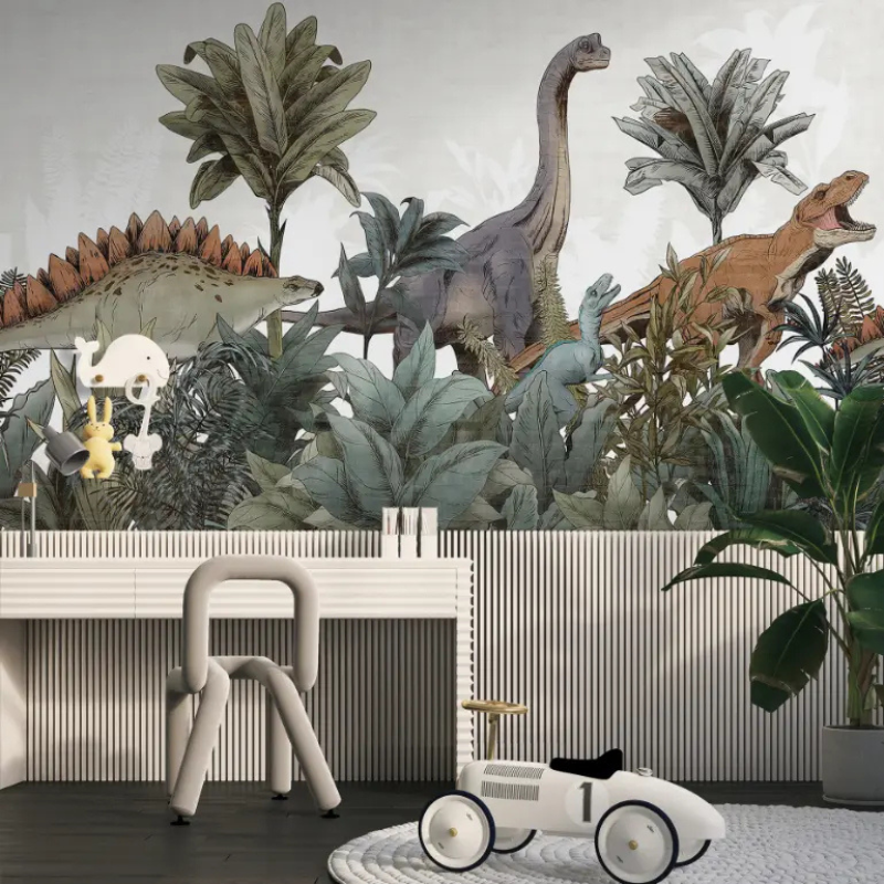 Primeval vintage dinosaur wallpaper mural with Stegosaurus, Brachiosaurus and T-Rex among palms