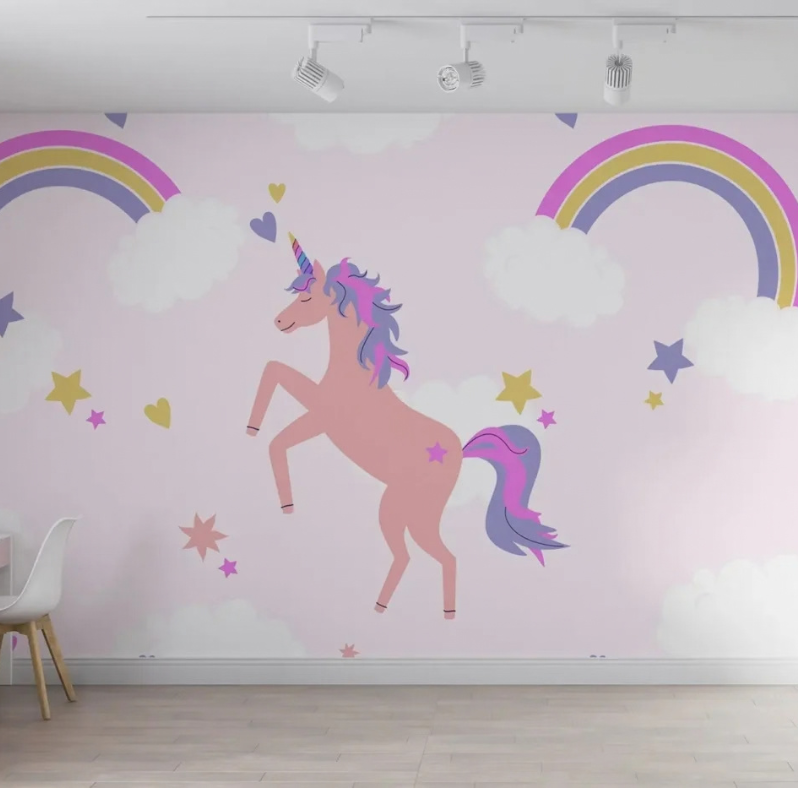 Prism pink unicorn wallpaper mural with a rearing unicorn, rainbows and stars on soft pink