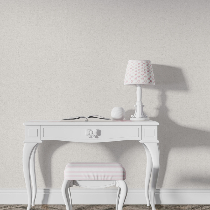 Pure #7 off-white textured wallpaper with a fine woven finish on a feature wall