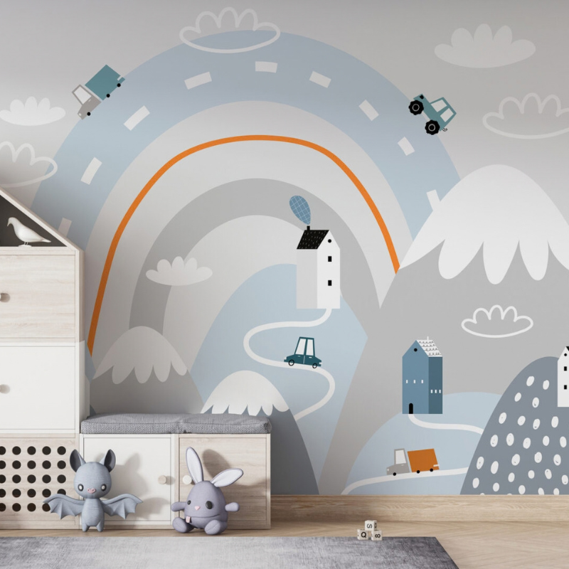 Rainbow Ridge car road wallpaper for kids with an arched road, cars, hills and houses